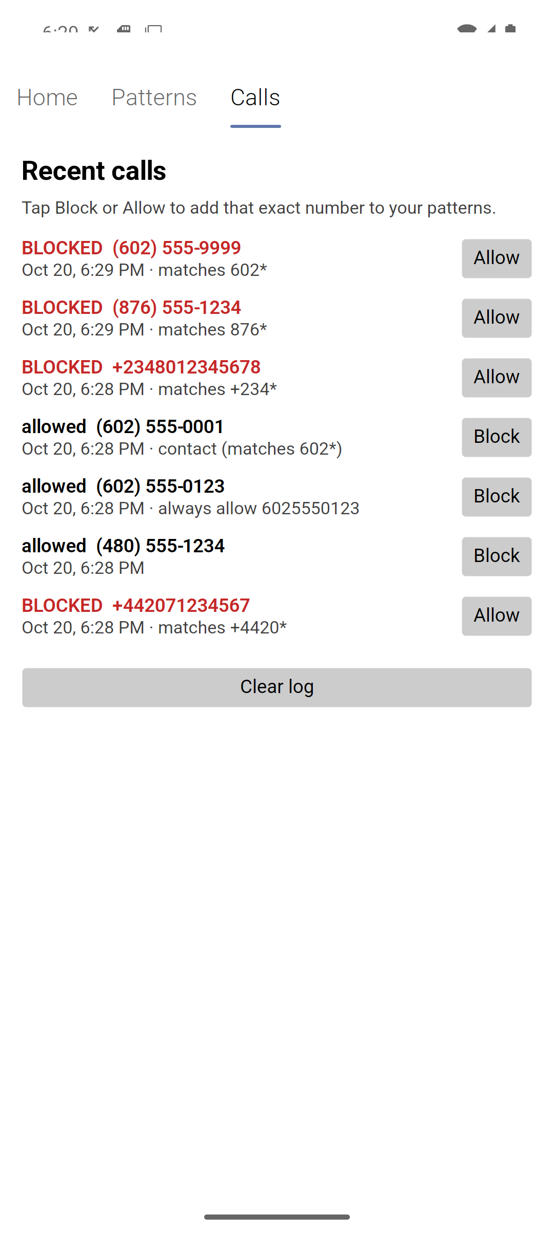 The Calls tab listing blocked and allowed calls with the reason for each