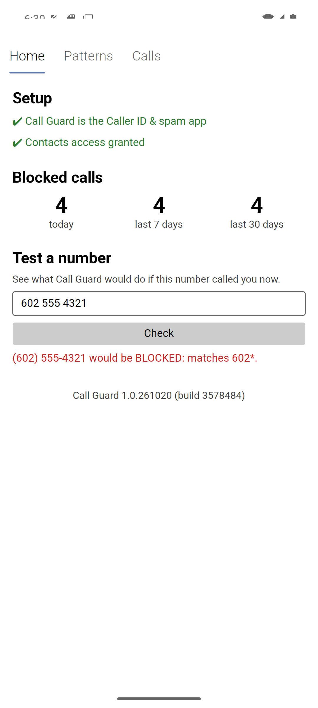 Call Guard's Home tab: setup status, blocked-call counts and the Test a number box