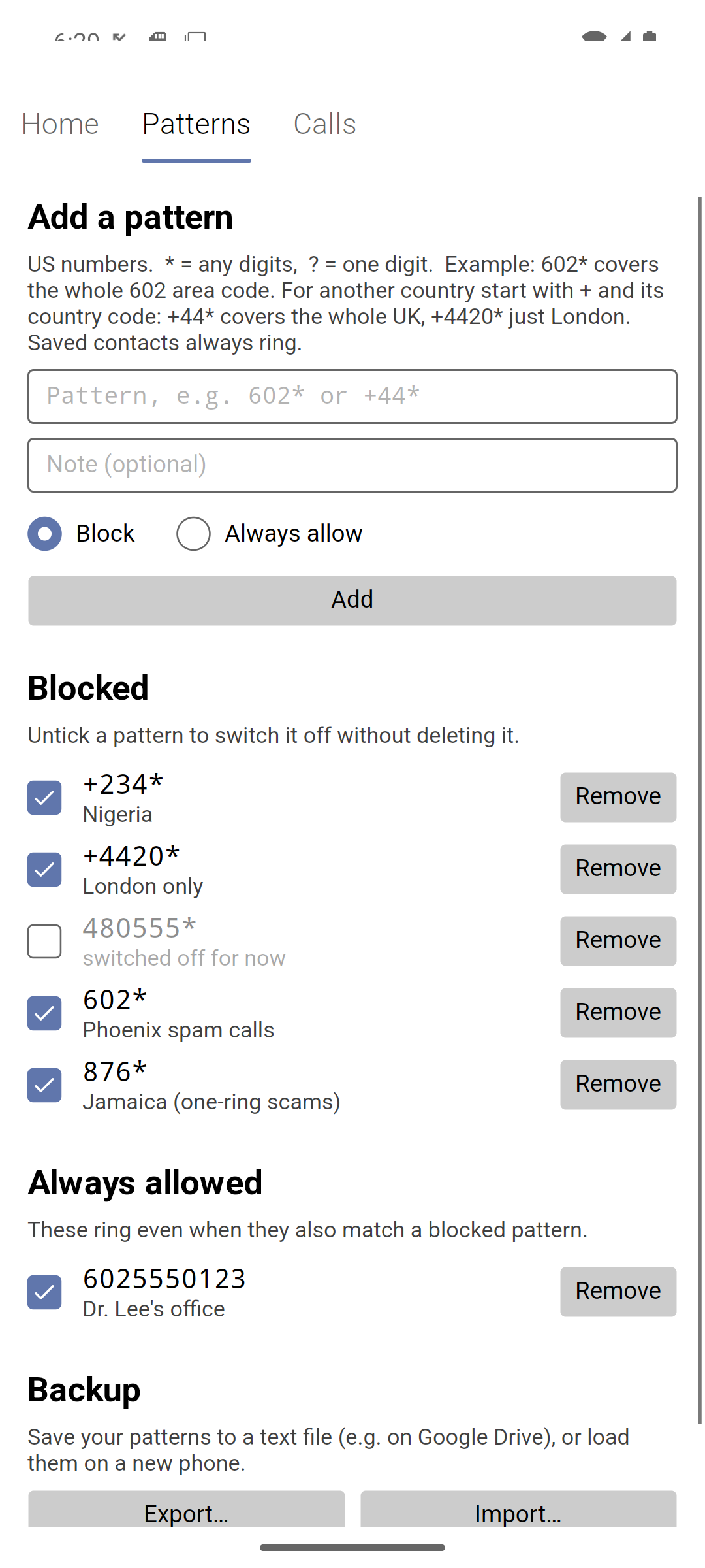 The Patterns tab with blocked and always-allowed patterns